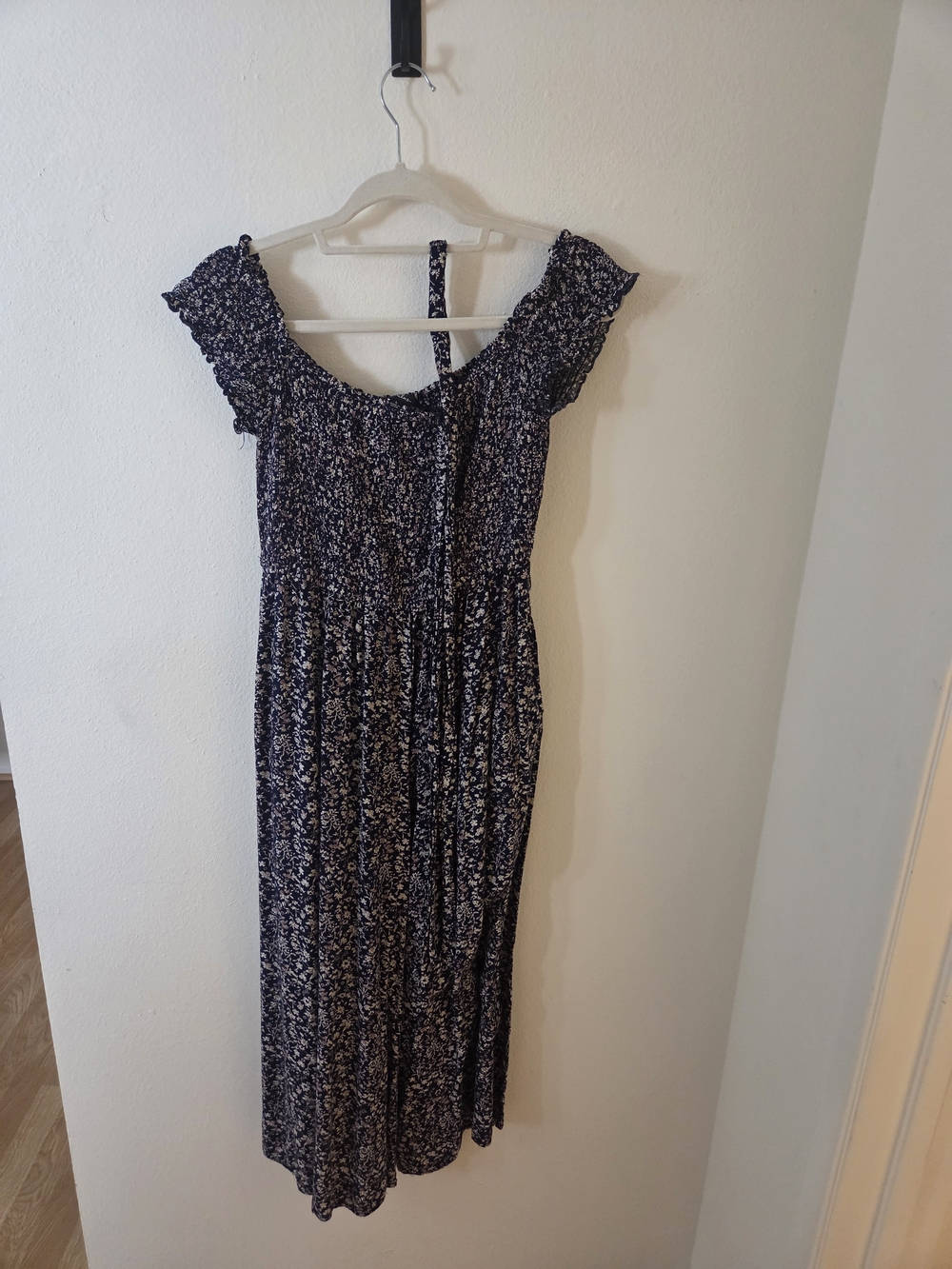Lulus Behold Navy Blue Floral Print Off-the-Shoulder Jumpsuit, L